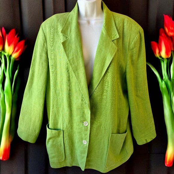 Talbots Vintage Lime Green LINEN Jacket Blazer Lined Pockets Womens size 14 - Picture 1 of 16